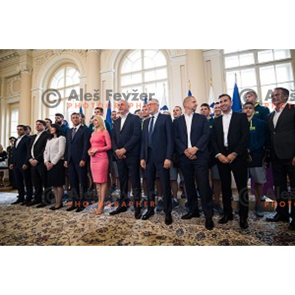 Borut Pahor and the Slovenian basketball team at the presentation of the Golden Order of Slovenia, Presidential palace, Ljubljana, Slovenia