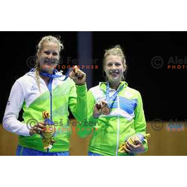 Iza and Lia Salehar of Slovenia, bronze medalists at women\'s Badminton doubles during 18. Mediteranean Games Tarragona 2018 (Sredozemske Igre) in Spain on June 25, 2018