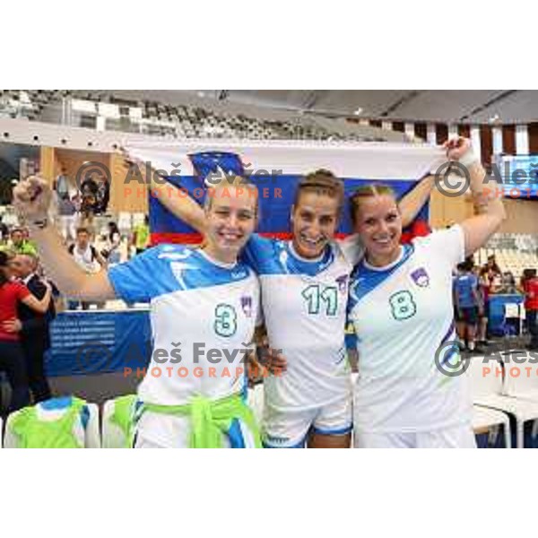 Team of Slovenia celebrate after victory in bronze medal match at handball tournament between Slovenia and Macedonia at 18. Mediteranean Games Tarragona 2018 (Sredozemske Igre) in Spain on June 30, 2018