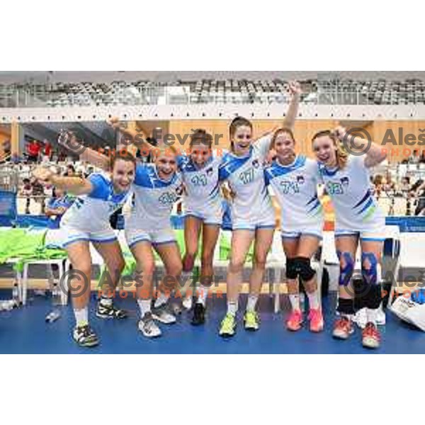 Team of Slovenia celebrate after victory in bronze medal match at handball tournament between Slovenia and Macedonia at 18. Mediteranean Games Tarragona 2018 (Sredozemske Igre) in Spain on June 30, 2018