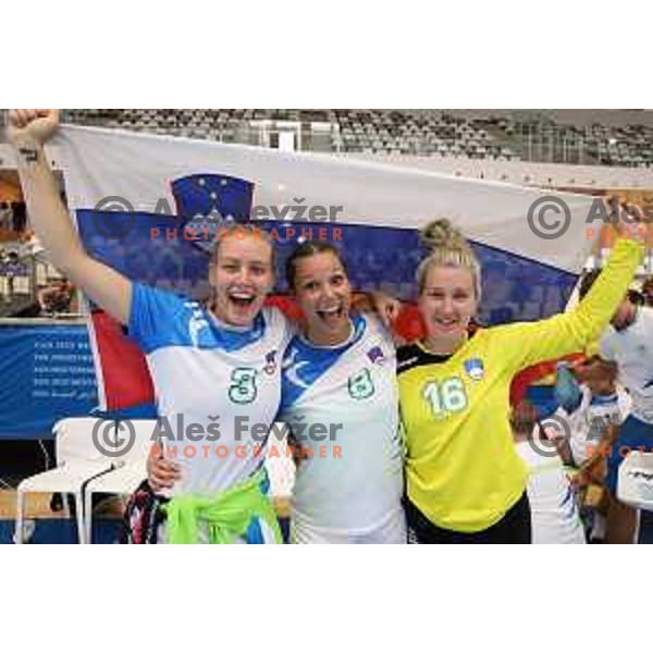 Team of Slovenia celebrate after victory in bronze medal match at handball tournament between Slovenia and Macedonia at 18. Mediteranean Games Tarragona 2018 (Sredozemske Igre) in Spain on June 30, 2018