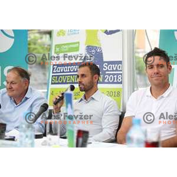 Marko Umberger, Aljaz Kos and Gregor Krusic at press conference in Ljubljana before Zavarovalnica Sava Slovenia Open 2018 ATP Challenger Tour in Portoroz, Slovenia on July 17, 2018