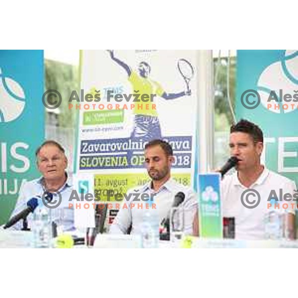 Marko Umberger, Aljaz Kos and Gregor Krusic at press conference in Ljubljana before Zavarovalnica Sava Slovenia Open 2018 ATP Challenger Tour in Portoroz, Slovenia on July 17, 2018