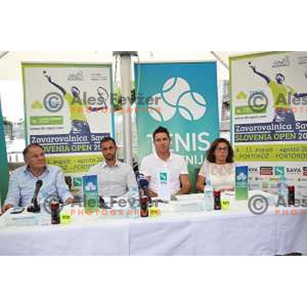 Marko Umberger, Aljaz Kos and Gregor Krusic at press conference in Ljubljana before Zavarovalnica Sava Slovenia Open 2018 ATP Challenger Tour in Portoroz, Slovenia on July 17, 2018