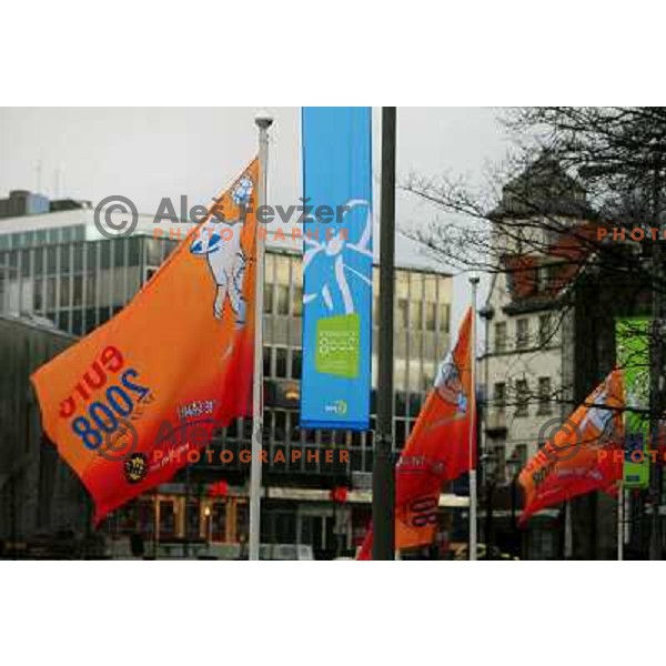 Norway, Stavanger, 20/01/2008. EURO 2008 flags in the city of Stavanger during the rainy day on the west coast of Norway.