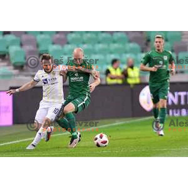 Dino Hotic of Maribor and Tomislav Tomic of Olimpija in action during Prva liga Telekom Slovenije 2018- 2019 football match between Olimpija and Maribor in SRC Stozice, Ljubljana on August 19, 2018