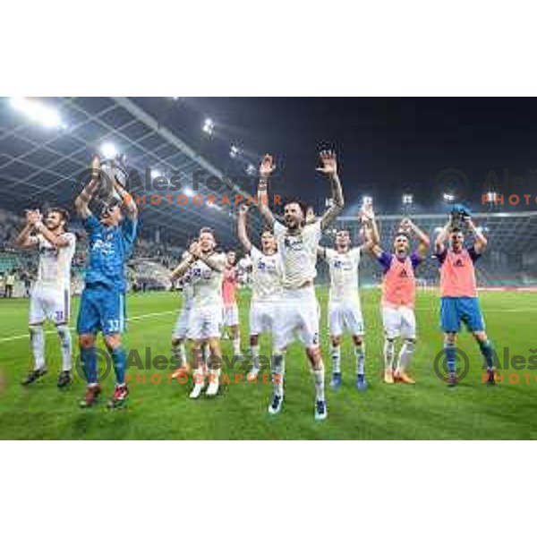 Jasmin Handanovic, Dino Hotic, Amir Dervisevic celebrate victory at Prva liga Telekom Slovenije 2018- 2019 football match between Olimpija and Maribor in SRC Stozice, Ljubljana on August 19, 2018