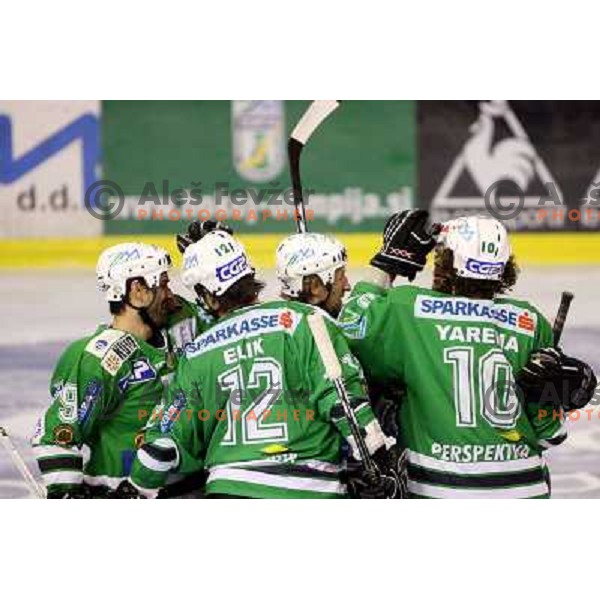 Goal for ZM Olimpija at ice-hockey game ZM Olimpija- Alba Volan in Ebel league,played in Ljubljana 20.1.2007. ZM Olimpija won the game 5:0.Photo by Ales Fevzer 