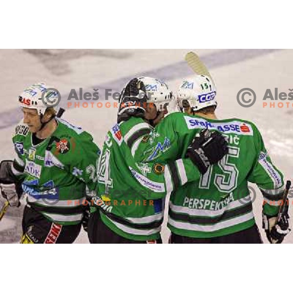 Vnuk, Tavzelj and Muric celebrate goal at ice-hockey game ZM Olimpija- Alba Volan in Ebel league,played in Ljubljana 20.1.2007. ZM Olimpija won the game 5:0.Photo by Ales Fevzer 