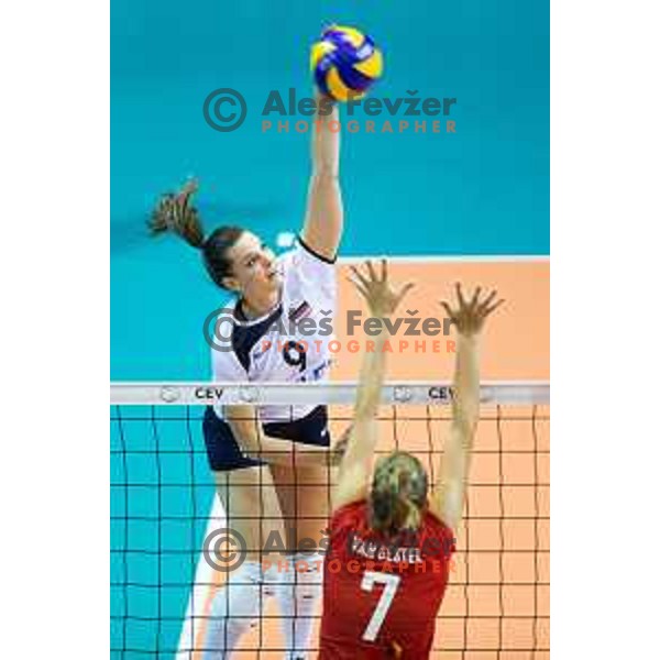 Iza Mlakar of team Slovenia in action during 2019 CEV Volleyball European Championship women match between Slovenia and Belgium, played in Dvorana Tabor, Maribor, Slovenia on August 25, 2018
