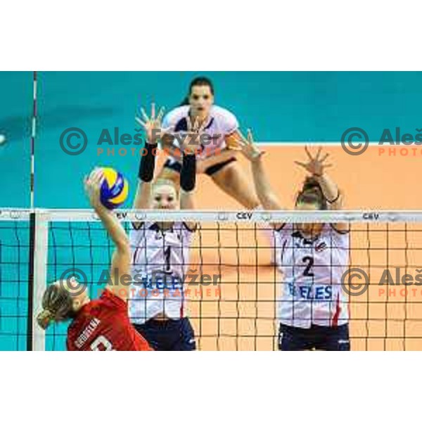 Eva Mori and Tina Grudina of team Slovenia in action during 2019 CEV Volleyball European Championship women match between Slovenia and Belgium, played in Dvorana Tabor, Maribor, Slovenia on August 25, 2018