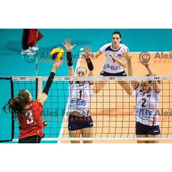 Eva Mori and Tina Grudina of team Slovenia in action during 2019 CEV Volleyball European Championship women match between Slovenia and Belgium, played in Dvorana Tabor, Maribor, Slovenia on August 25, 2018