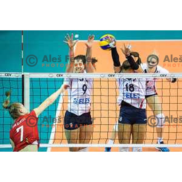 Iza Mlakar and Sasa Planinsec of team Slovenia in action during 2019 CEV Volleyball European Championship women match between Slovenia and Belgium, played in Dvorana Tabor, Maribor, Slovenia on August 25, 2018