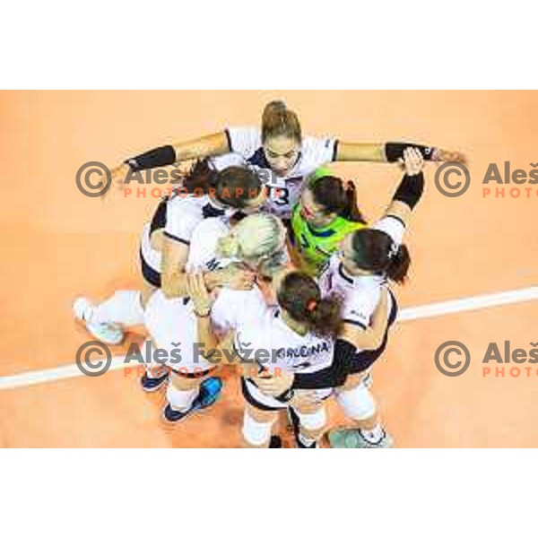 Anita Sobocan and Veronika Mikl of team Slovenia celebrating during 2019 CEV Volleyball European Championship women match between Slovenia and Belgium, played in Dvorana Tabor, Maribor, Slovenia on August 25, 2018