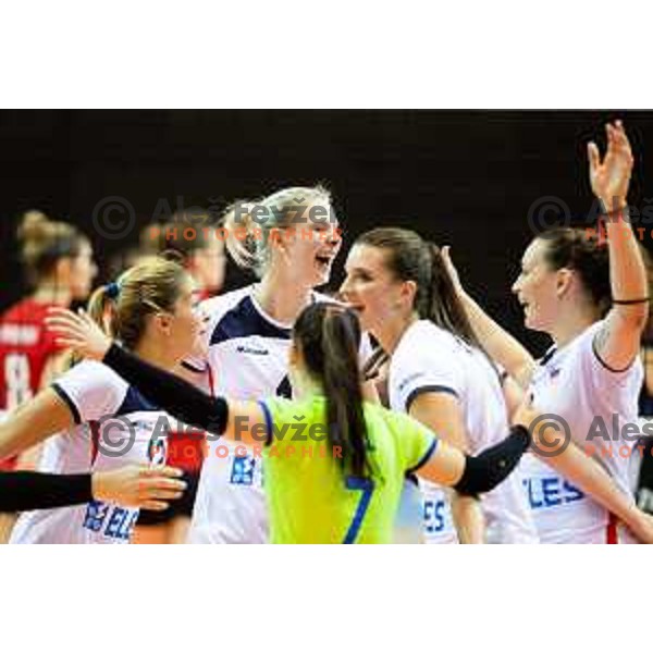 Eva Mori and Anita Sobocan of team Slovenia celebrating during 2019 CEV Volleyball European Championship women match between Slovenia and Belgium, played in Dvorana Tabor, Maribor, Slovenia on August 25, 2018