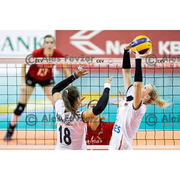 Eva Mori and Sasa Planinsec during 2019 CEV Volleyball European Championship women match between Slovenia and Belgium, played in Dvorana Tabor, Maribor, Slovenia on August 25, 2018