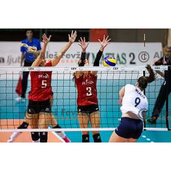 of team Slovenia in action during 2019 CEV Volleyball European Championship women match between Slovenia and Belgium, played in Dvorana Tabor, Maribor, Slovenia on August 25, 2018
