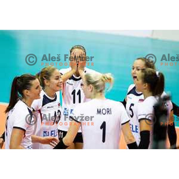 Anita Sobocan and Ela Pintar of team Slovenia celebrating during 2019 CEV Volleyball European Championship women match between Slovenia and Belgium, played in Dvorana Tabor, Maribor, Slovenia on August 25, 2018