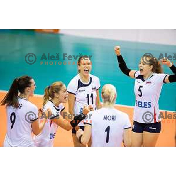 Anita Sobocan, Ela Pintar and Pia Blazic of team Slovenia celebrating during 2019 CEV Volleyball European Championship women match between Slovenia and Belgium, played in Dvorana Tabor, Maribor, Slovenia on August 25, 2018