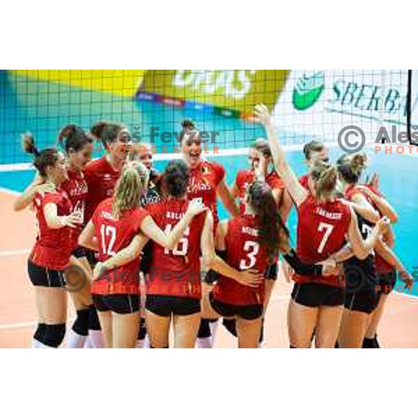 Team Belgium in action during 2019 CEV Volleyball European Championship women match between Sloveniaof team Belgium celebrating after 2019 CEV Volleyball European Championship women match between Slovenia and Belgium, played in Dvorana Tabor, Maribor, Slovenia on August 25, 2018 and Belgium, played in Dvorana Tabor, Maribor, Slovenia on August 25, 2018