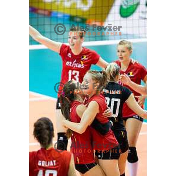 of team Belgium celebrating after 2019 CEV Volleyball European Championship women match between Slovenia and Belgium, played in Dvorana Tabor, Maribor, Slovenia on August 25, 2018
