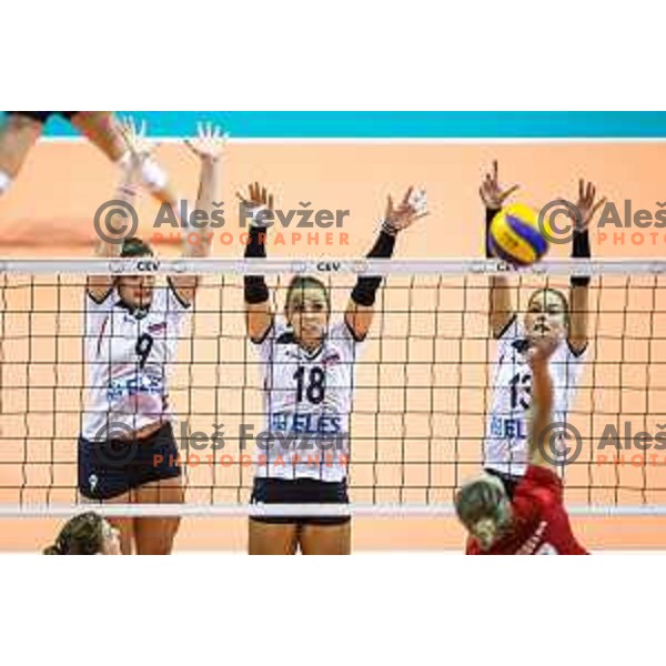 Iza Mlakar, Sasa Planinsec and Anita Sobocan of team Slovenia in action during 2019 CEV Volleyball European Championship women match between Slovenia and Belgium, played in Dvorana Tabor, Maribor, Slovenia on August 25, 2018
