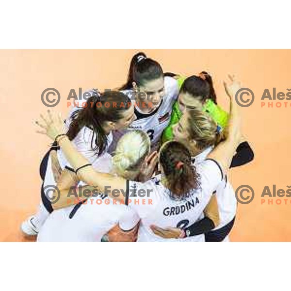 Iza Mlakar, Ana Marija Vovk, Veronika Mikl and Anita Sobocan of team Slovenia celebrating during 2019 CEV Volleyball European Championship women match between Slovenia and Belgium, played in Dvorana Tabor, Maribor, Slovenia on August 25, 2018