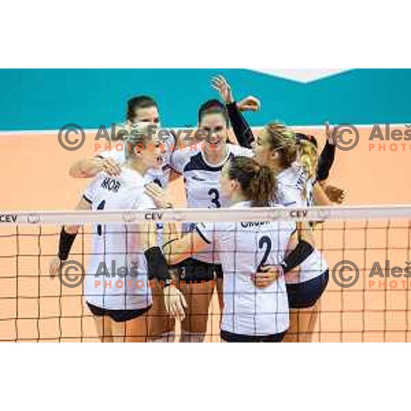 Eva Mori, Ana Marija Vovk and Anita Sobocan of team Slovenia celebrating during 2019 CEV Volleyball European Championship women match between Slovenia and Belgium, played in Dvorana Tabor, Maribor, Slovenia on August 25, 2018