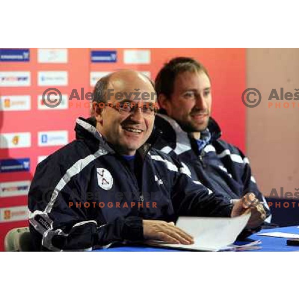 Norway, Stavanger, 21/01/2008. Stanko Iztok OSTRELIC, Head of Slovenian team Delegation and Vid KAVTICNIK at the press conference after preliminary group matches on EC 2008.