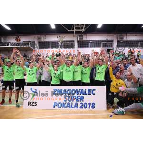 David Didovic and players of Krka celebrate victory in Slovenian Handball SuperCup match between Krka and Celje Pivovarna Lasko in Novo Mesto, Slovenia on September 5, 2018