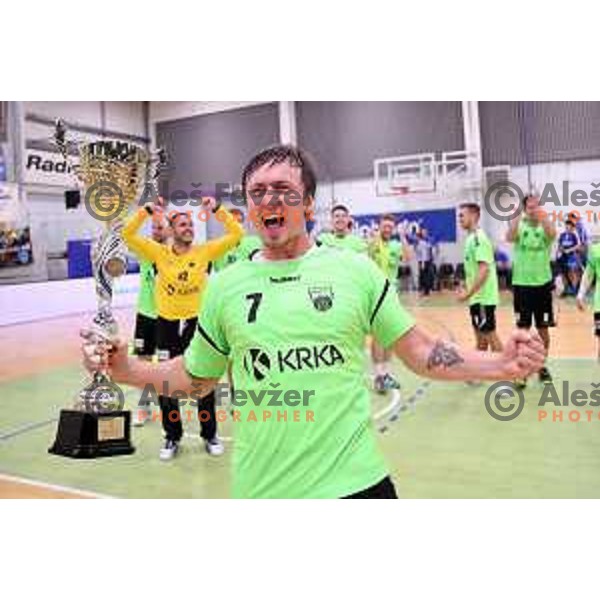 David Didovic and players of Krka celebrate victory in Slovenian Handball SuperCup match between Krka and Celje Pivovarna Lasko in Novo Mesto, Slovenia on September 5, 2018