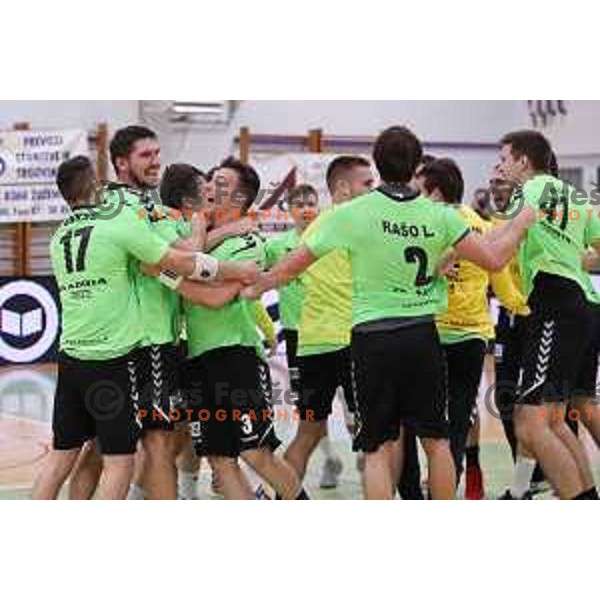 Players of Krka celebrate victory in Slovenian Handball SuperCup match between Krka and Celje Pivovarna Lasko in Novo Mesto, Slovenia on September 5, 2018