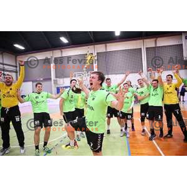 David Didovic and players of Krka celebrate victory in Slovenian Handball SuperCup match between Krka and Celje Pivovarna Lasko in Novo Mesto, Slovenia on September 5, 2018