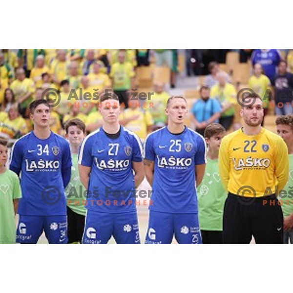 Domen Makuc, Kristjan Horzen, Tilen Kodrin and Klemen Frelih during Slovenian Handball SuperCup between Krka and Celje Pivovarna Lasko in Novo Mesto, Slovenia on September 5, 2018