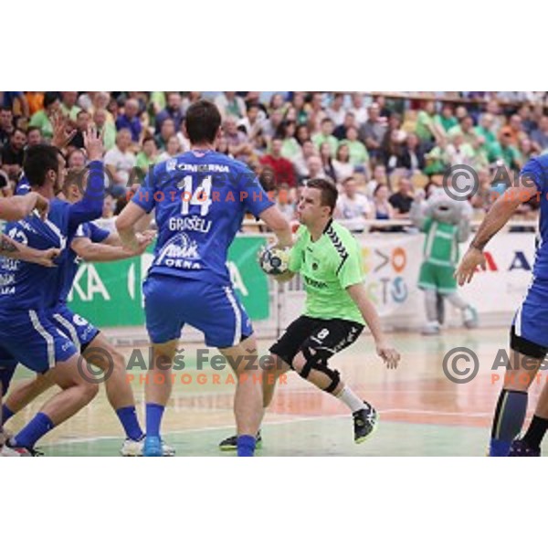 Grega Oklescen in action during Slovenian Handball SuperCup between Krka and Celje Pivovarna Lasko in Novo Mesto, Slovenia on September 5, 2018