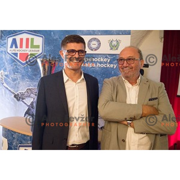 Matjaz Rakovec, Peter Schramm at the pre season press conference of the Alps Hockey League, Bled Castle, Bled, Slovenia
