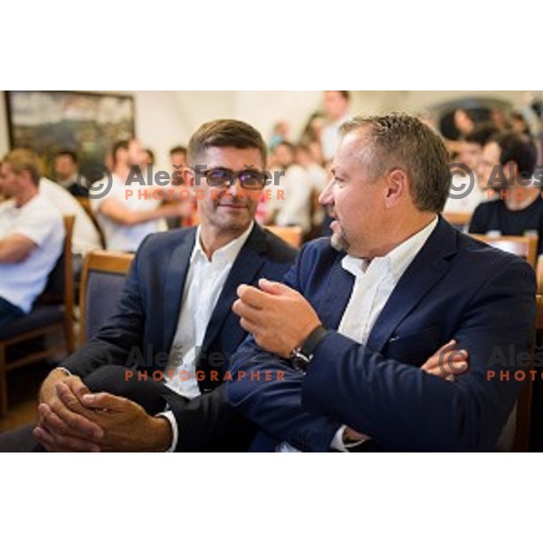 Matjaz Rakovec, Christian Feichtinger at the pre season press conference of the Alps Hockey League, Bled Castle, Bled, Slovenia
