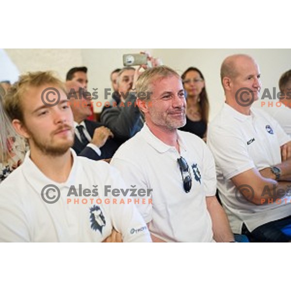 Jure Sotler, Ivo Jan, Nik Zupancic at the pre season press conference of the Alps Hockey League, Bled Castle, Bled, Slovenia