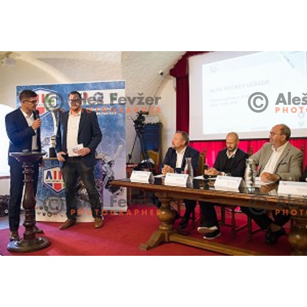 Matjaz Rakovec, Christian Feichtinger, Dejan Kontrec, Peter Schramm at the pre season press conference of the Alps Hockey League, Bled Castle, Bled, Slovenia