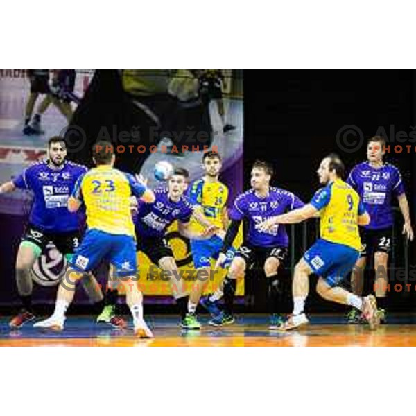 Ziga Smolnik and Grega Krecic of Koper 2013 vs Stefan Zabic, Filip Jerenec and Tine Marusic of Maribor Branik in action during handball match between Maribor Branik and Koper 2013, played in Dvorana Tabor, Maribor, Slovenia on September 13, 2018