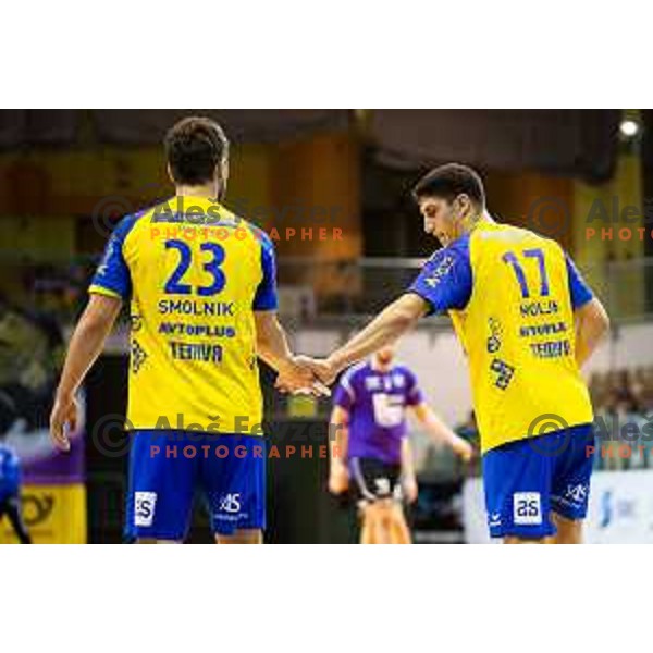 Ziga Smolnik and Jaka Moljk of Koper 2013 in action during handball match between Maribor Branik and Koper 2013, played in Dvorana Tabor, Maribor, Slovenia on September 13, 2018