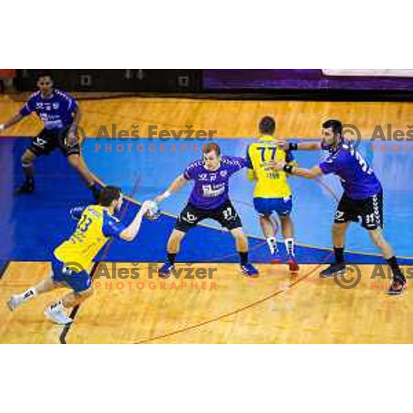 Ziga Smolnik of Koper 2013 vs Marin Buneta of Maribor Branik in action during handball match between Maribor Branik and Koper 2013, played in Dvorana Tabor, Maribor, Slovenia on September 13, 2018