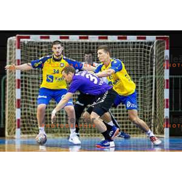Marin Buneta of Maribor Branik vs Janez Gucek of Koper 2013 in action during handball match between Maribor Branik and Koper 2013, played in Dvorana Tabor, Maribor, Slovenia on September 13, 2018