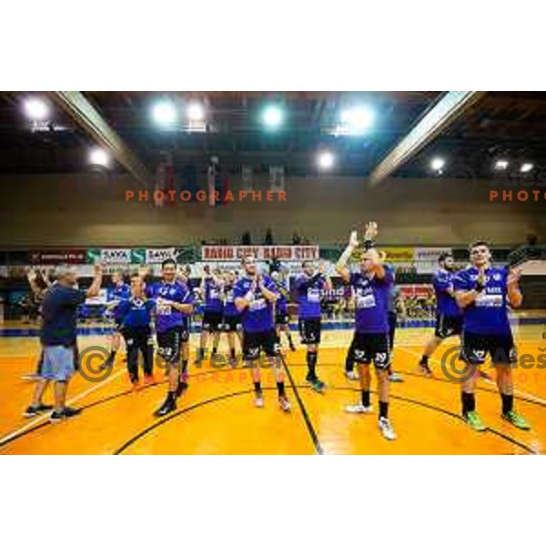Tadej Sok, Ernest Jerebie Julian, Uros Stumpfl and other players of Maribor Branik celebrating after the handball match between Maribor Branik and Koper 2013, played in Dvorana Tabor, Maribor, Slovenia on September 13, 2018