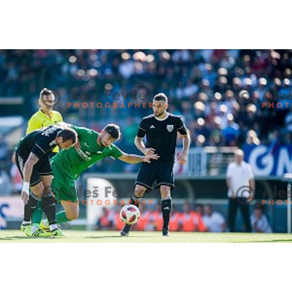 Rok Kronaveter, Nino Kouter in action during Prva liga Telekom Slovenije football match between Mura and Olimpija, Fazanerija, Murska Sobota, Slovenia on September 16, 2018