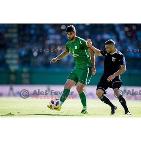 Rok Kronaveter, Nino Kouter in action during Prva liga Telekom Slovenije football match between Mura and Olimpija, Fazanerija, Murska Sobota, Slovenia on September 16, 2018