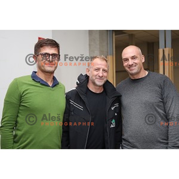 Matjaz Rakovec,Jure Vnuk and Blaz Perko during Alps League ice-hockey match between SZ Olimpija and Milano Rossoblu in Tivoli Hall, Ljubljana, Slovenia on September 23, 2018