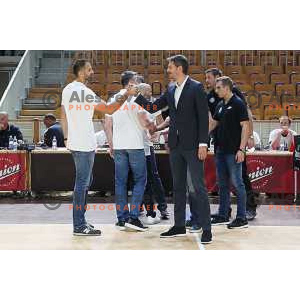 Stipe Modric and Jurica Golemac during Slovenian SuperCup basketball match between Petrol Olimpija and Sixt Primorska in Tivoli Hall, Ljubljana on September 24,2018