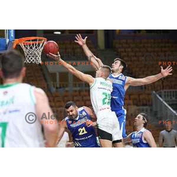 Blaz Mesicek and Marjan Cakarun in action during Slovenian SuperCup basketball match between Petrol Olimpija and Sixt Primorska in Tivoli Hall, Ljubljana on September 24,2018
