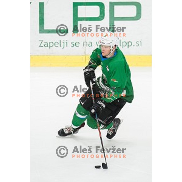 in action during Alps league ice hockey match between HK SZ Olimpija and Rittner Buam , Tivoli hall, Ljubljana, Slovenia on September 29, 2018